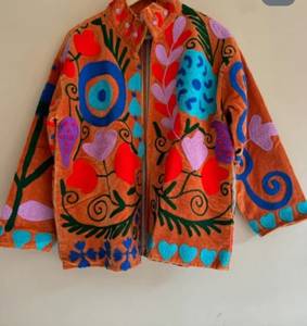 Hand Embroidered <b>Velvet</b> <b>Jacket</b> Mandarin Collar Solid Pattern Full Sleeve Open Closure Women's Spring Coat Wholesale Suzai Coats - Product Image 1