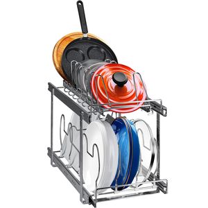 Organizzatore per Armadio a 2 Livelli Espandibile e Estraibile, Personalizzabile, con Divisori in Filo Metallico Regolabili per Padelle, Pentole, Teglie da Forno e Vassoi - Product Image 1