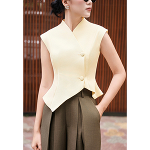 Trajes Cortos Elegantes de Poliéster Amarillo para Mujer, Chaleco Asimétrico con Cuello en V, Chaleco de Oficina a Medida, Diseño Personalizado ODM OEM - Product Image 3