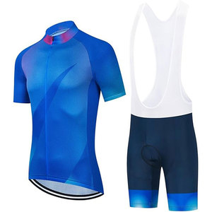 Ensemble de maillot de cyclisme bleu dégradé à manches courtes avec dos blanc et short bleu marine pour hommes et femmes - Product Image 1