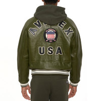 Blouson aviateur en cuir vert olive pour homme Avirex, col rabattu, fermeture éclair, design patchwork, style moto, vêtement d'automne