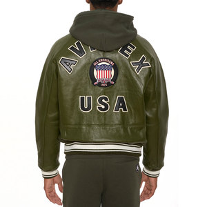 Blouson aviateur en cuir vert olive pour homme Avirex, col rabattu, fermeture éclair, design patchwork, style moto, vêtement d'automne - Product Image 3