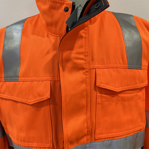 Men's Hi Visibility Reflective Work <b>Jacket</b> Polyester Safety Coat with <b>Silver</b> Stripes and Button Front - Product Image 3