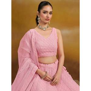 Conjunto de Lehenga Choli para Dama de Honor - Georgette Rosa con Bordado de Hilo y Dupatta - Product Image 5