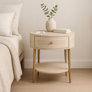 Mesita de noche minimalista con incrustaciones de hueso, elegante gabinete hecho a mano con incrustaciones decorativas y almacenamiento para dormitorio - Product Image 1
