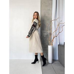 Robe pour femme brodée à la main en Ukraine, 100% coton, unie, décontractée, longue, coupe A, beige - Product Image 4