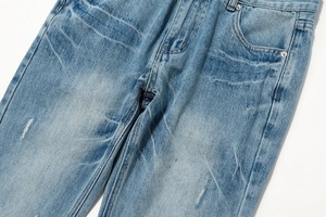 Jean en denim déchiré coupe droite taille mi-haute ample longueur pleine délavage vintage décontracté pour femme bleu clair en coton - Product Image 6