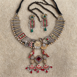 Handcrafted Oxidized Silver Ethnic Tribal <b>Jewelry</b> Set Classic Style Necklace with Red <b>Kundan</b> Accents - Product Image 2