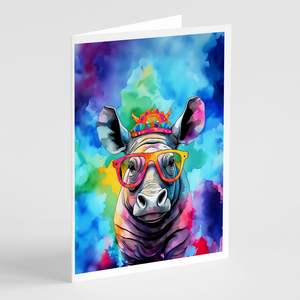 Whimsical A7 Size 5x7 NEW Hippie Animal Rhinoceros Blank <b>Note</b> <b>Cards</b> Pack of 8 with Envelopes <b>Greeting</b> <b>Cards</b> - Product Image 1