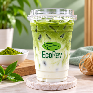 Gobelet en plastique transparent EcoRev PP/PET avec couvercle, forme ronde, logo feuille verte imprimé en sérigraphie, modèle ECO38 pour boissons - Product Image 3