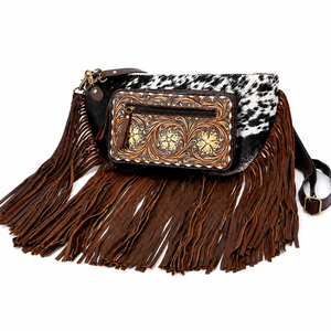 Sac bandoulière artisanal en cuir de vachette à poils, avec franges, style western, en cuir repoussé, motif floral vintage, concho, pour usage quotidien - Product Image 1