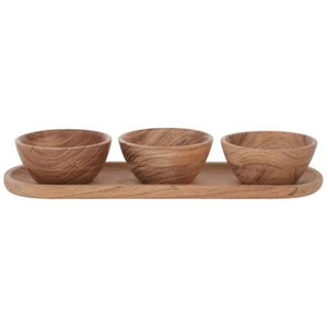Handmade Eco-Friendly Acacia Wood <b>Condiment</b> Set 3 Round Dipping Bowls with Baguette Serving <b>Tray</b> for Snacks In Lowest Price - Product Image 3