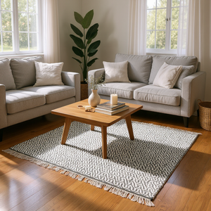 Alfombra Kilim Moderna de Tejido Plano con Diseño Geométrico Chevron en Blanco y Negro, Tejida a Mano con Algodón y Lana, con Flecos y Pelo Corto - Product Image 4