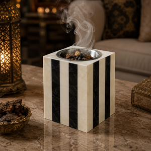 Contemporary Resin Stripes Bone Inlay <b>Bakhoor</b> Burner Handmade Arabic <b>Oud</b> Incense Holder with Brass Bowl Luxury Ramadan Eid Decor - Product Image 1
