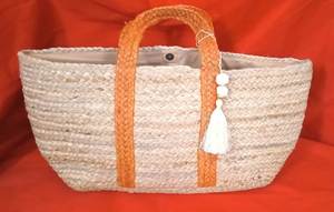 Bohemian Straw Tote Bag With Orange Handles And <b>White</b> Tassel For <b>Women</b> Beach Casual Use Lightweight <b>Handbag</b> - Product Image 1