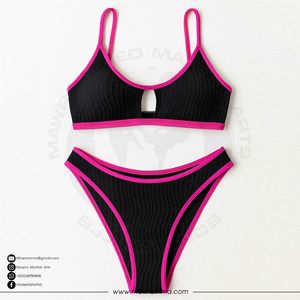 Conjunto de bikini acanalado de 2 piezas para mujer, con cuello pronunciado, diseño hueco, parte inferior elástica estilo hipster, color liso, de spandex y nailon, ropa de playa - Product Image 6