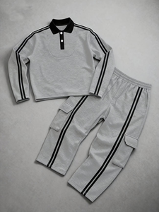 Ensemble de sweat-shirt décontracté pour homme, automne-hiver, style streetwear, col polo à rayures contrastées, en polaire, séchage rapide, coupe ample, grande taille - Product Image 2