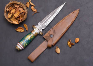 Cuchillo de hoja fija nuevo, hecho a mano, de acero de Damasco, tipo Dogger, con mango de resina verde, el mejor cuchillo de supervivencia coleccionable, cuchillo de caza. - Product Image 3