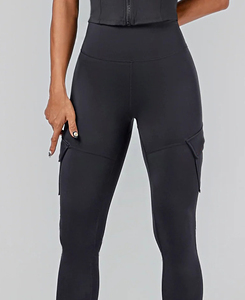 Leggings de yoga noirs taille basse style streetwear avec poches 3D, longueur intégrale, sans coutures, extensibles dans quatre directions, en Spandex/Nylon, respirants et à séchage rapide - Product Image 3