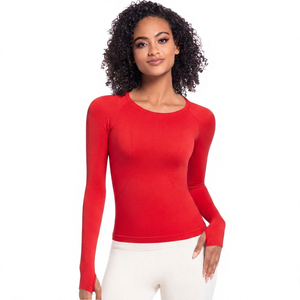 Camiseta de Yoga de Manga Larga para Mujer, Cuello Redondo, Color Sólido, Transpirable, Spandex, Poliéster, Corte Regular - Product Image 6
