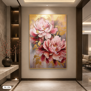 Tableau mural moderne peint à la main, motif floral, toile décorative avec accents dorés, œuvre encadrée, décoration de luxe pour la maison, modèle F6-C6 OEM - Product Image 2