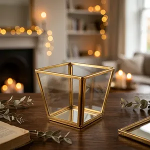 Square Glass <b>Lantern</b> votive With <b>Gold</b> Frame Reusable Home Decoration - Product Image 3
