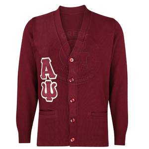 Cardigan tricoté bordeaux pour homme, avec logo KAP en lettres grecques, fermeture boutonnée sur le devant, manches longues, style universitaire - Product Image 1