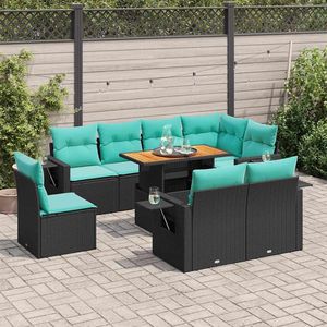 Set di divani da giardino in polyrattan nero da 9 pezzi con cuscini, eleganti mobili da esterno - Product Image 1