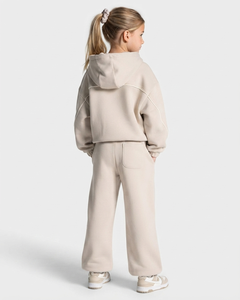 Ensemble de survêtement personnalisé pour filles, couleur crème, avec lignes contrastées, en molleton de coton doux et respirant, comprenant un sweat à capuche et un pantalon de survêtement à jambes larges, fabrication OEM - Product Image 2