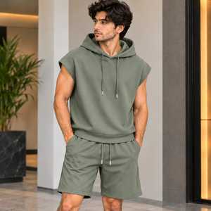ชุดเซ็ตเสื้อฮู้ดแขนกุดและกางเกงขาสั้นสำหรับผู้ชาย Jerry Wear รุ่น Autumn Knitted สไตล์สปอร์ตแคชชวล ผ้าถัก ทรงหลวม ไหล่ตก ผลิตจากโพลีเอสเตอร์/คอตตอน แห้งเร็ว - Product Image 2
