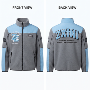 เสื้อแจ็คเก็ตขนแกะนุ่ม 240 GSM สีเทา-ฟ้า ตัดต่อสีต่างกัน พร้อมโลโก้สั่งทำ OEM ODM คุณภาพพรีเมียม กันน้ำ ระบายอากาศได้ดี เหมาะสำหรับฤดูใบไม้ร่วง - Product Image 1