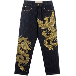 Jean en denim à jambe droite et taille haute pour homme, avec broderie de dragon et de phénix dorés, style chinois, vêtements d'automne - Product Image 1