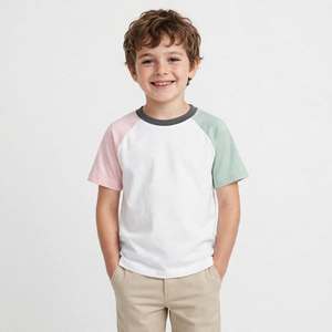T-shirt en coton pour garçons, manches courtes, col rond, style color block, jersey uni, décontracté, pour enfants. - Product Image 3