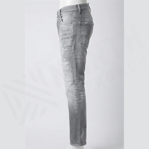 Jean en denim gris déchiré coupe slim pour homme, jambe droite, en coton, style décontracté, délavé, idéal pour le printemps - Product Image 3