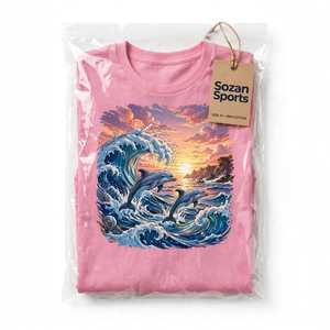 Camiseta Personalizada con Estampado de Delfín Rosa y Olas, Camiseta de Algodón con Gráfico de Atardecer y Océano para Mujer, Estilo Playero y Surf, Top de Verano al por Mayor - Product Image 6