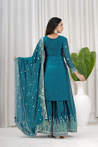 Fendy Silk Sequins Heavy Embroidered Tunic Top With Micro Cotton Lined Elastic Sharara Pants And Dupatta <b>3</b> <b>Piece</b> Set UV 157 - Product Image 6