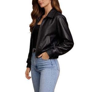 Blouson Bomber Classique Minimaliste en Cuir Véritable pour Femme avec Fermeture Éclair et Tissu Tissé – Manteau Urbain Automne - Product Image 1