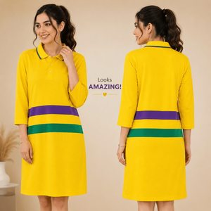 Robe polo décontractée en coton éponge pour femmes avec manches trois quarts, robe jaune inspirée du Mardi Gras avec des touches violets et verts audacieux - Product Image 3