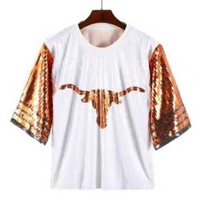 <b>Men's</b> White O-Neck T-Shirt With Sequin Bull Print Half Sleeve Casual Loose Fit Woven Polyester <b>Animal</b> Pattern Front Logo - Product Image 1
