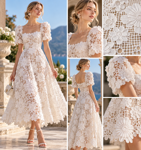 Tela de Encaje Acrílico 100% de Lujo, Blanca, con Bordado Floral 3D Soluble en Agua, para Vestidos Románticos de Verano y Ropa de Resort - Product Image 2