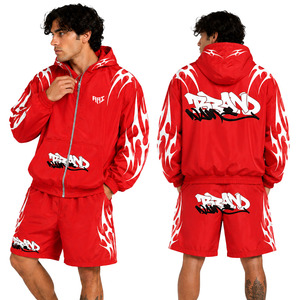 Trendy Red Custom Men's Graphic Gothic Logo Hoodies & Windbreaker Men Jacket & Shorts Set Streetwear Sportswear OEM Manufacturer - Product Image 5