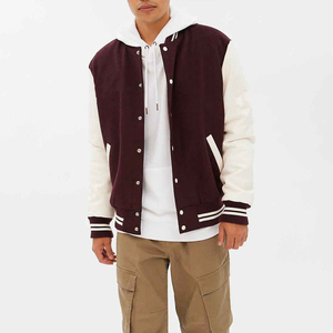 Unisex Deep Maroon for Varsity Style Hooded <b>Jacket</b> Geometric Patchwork Striped Ribbed Trim Zipper Closure Premium Urban - Product Image 5
