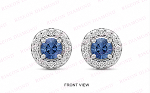 Sofisticados pendientes tipo halo en oro blanco de 18 quilates con piedras centrales redondas en azul real y diamantes redondos brillantes como detalles. - Product Image 6
