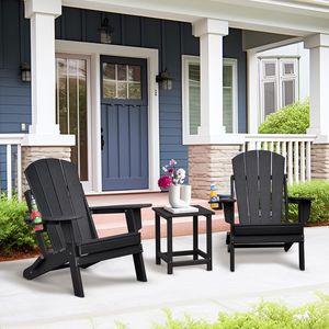 Set di sedie Adirondack per patio, design pieghevole nero in 3 pezzi con tavolo porta bicchieri, 2 sedie in plastica incluse - Product Image 1