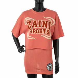 Camiseta Deportiva de Doble Capa para Mujer, de Algodón Jersey, con Panel de Malla Transpirable, Color Coral, Logotipo con Transferencia Térmica - Product Image 1