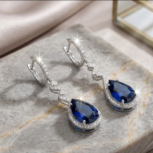 Blue Hydro Dangle Earrings 5 Inch Length Pear Cut with CZ 925 <b>Sterling</b> <b>Silver</b> 18K Gold Plated Statement Jewelry - Product Image 1