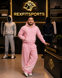REXFITSPORTS Men <b>Pink</b> Zip-Up <b>Hoodie</b> Tracksuit Oversized Casual Streetwear Full Length Sweatpants Set Solid Color Loose Fit - Product Image 6