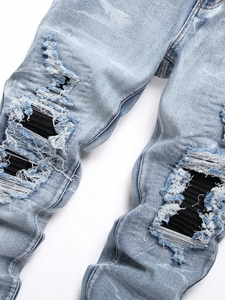 กางเกงยีนส์ทรงสกินนี่ขาดๆ เซอร์ๆ สไตล์ New Jeans สำหรับผู้ชาย กางเกงยีนส์เดนิมทรงเข้ารูปยืดได้ แต่งดีเทลขาดๆ สำหรับผู้ชาย - Product Image 6