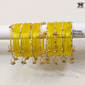 Golden Yellow 32-Piece 2mm Gold Plated Kashmiri Jelly <b>Bangles</b> Set Ghungru Both Hands Traditional <b>Indian</b> Chudi Women's Certified - Product Image 6