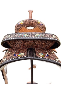 Silla de montar western de cuero pintado con diseño de plumas y flechas para carreras de barriles, portátil, duradera, tamaños personalizados, logotipo personalizado - Product Image 5